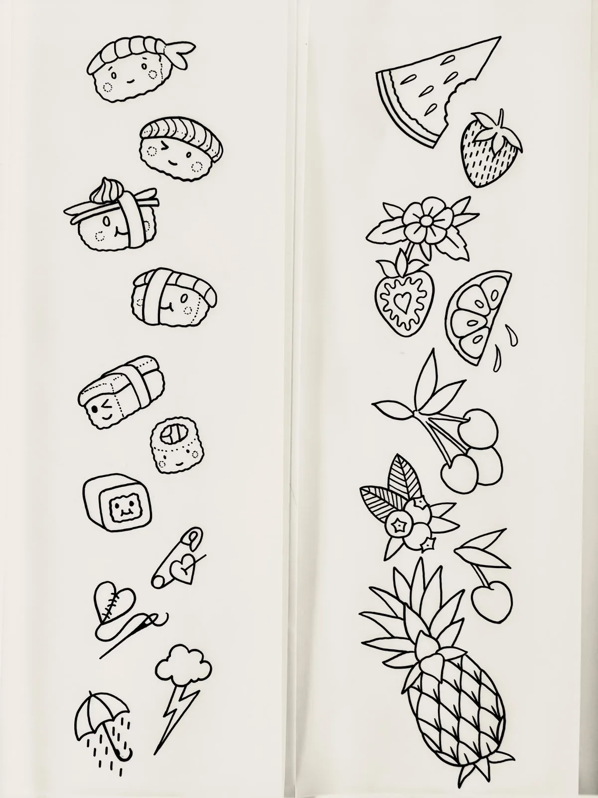 Wanna-Do-Sheet von Andre: Sushi mit Gesichtern, Früchte, Kirschen, Ananas, Herz mit Sicherheitsnadel, Regenschirm und Blitzwolke